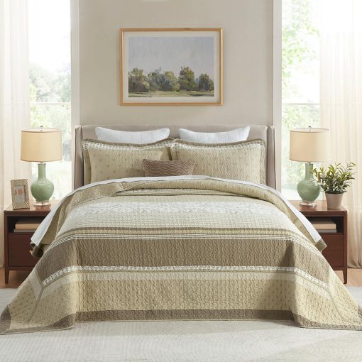 Colcha QuiltEase tamano King extra grande - 120" Lx120 W - Set de cubrecamas de rayas ligero 100% algodon - Colcha reversible estilo casa para cama California King - 3 piezas - Marron/Beige/Blanco