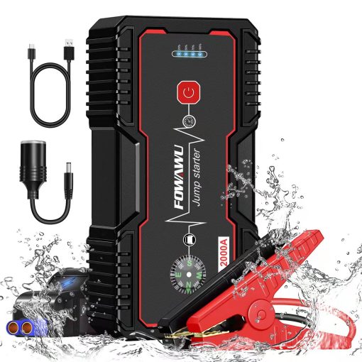Arrancador de Coche FOWAWU 2000A Pico 20800mAh Portatil para Automovil (Hasta 7.5L de Gasolina y 6.0L de Diesel), Bateria de Arranque de Coche con Cable Inteligente de Seguridad, Luz LED USB Salida DC 12V