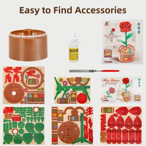Rompecabezas de madera 3D para adultos y ninos - Kit modelo de flores de rosas de madera DIY, juguetes de rompecabezas 3D para ninos y ninas de 6 a 8 anos en adelante, kit de manualidades regalos de rompecabezas en cumpleanos, Navidad y Dia de San Valentin - Imagen 6