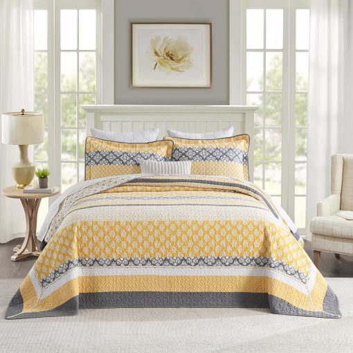 Colcha extragrande reversible de 100% algodon de 128"?120" para cama California King, juego de ropa de cama cubrecamas acolchados ligeros de estilo floral de granja, amarillo/gris