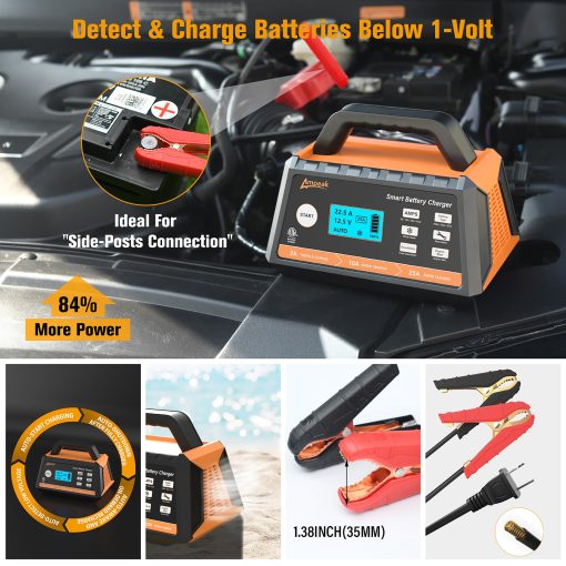 Cargador de Bateria para Automovil Ampeak, Cargador de Bateria 2A/10A/25A, Cargador de Bateria Totalmente Automatico de 12V con Modo Invierno, Desulfatador Automatico, Recuperacion de Bateria para Todos los Tipos de Baterias de Plomo-acido - Imagen 5