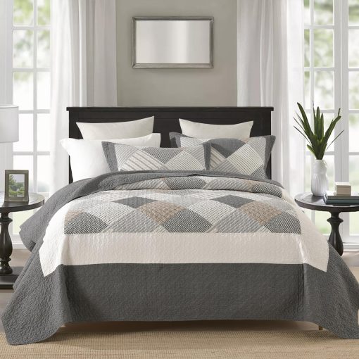 Juego de Edredon CozyStitch King - Set de Ropa de Cama Acolchado de Estilo Granja 100% Algodon con 3 Piezas en Gris Oscuro/Blanco/Marron - Imagen 2