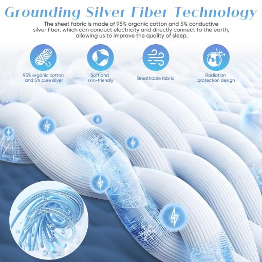Sabanas de conexion a tierra tamaño queen, 95% algodon organico + 5% fibra de plata pura, sabana conectada a la tierra (queen - 60"x 80"x 13" gris) Sabanas terrenales ajustables con cable de tierra - Imagen 3