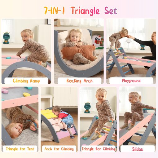 Set de Triangulo Pikler con Cojin, 7 en 1 Juguetes de Escalada para Ninos Pequenos en Interiores, Set de Escalada Plegable Montessori, Juguetes de Madera para Ninos Pequenos 1-3 Anos con Rampa, Arco y Escalera (Arcoiris con Azul) - Imagen 3