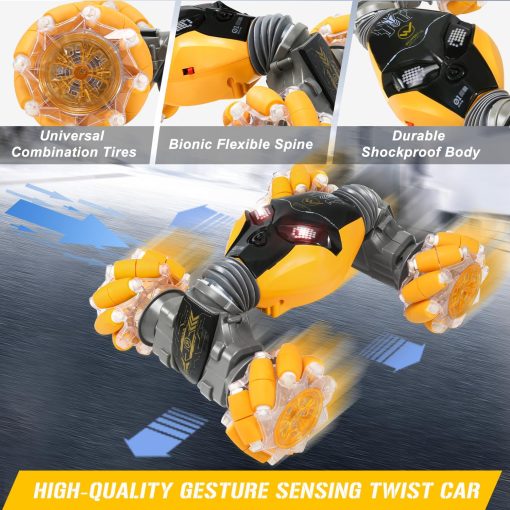 AGNEVE Coches RC Control Remoto por Gestos con Luz Musica 1:12 Coche Rc Controlado a Mano 2.4GHz 4WD Coche de Acrobacias Rc por Gestos Doble Cara Rotacion de 360? Vehiculo Todo Terreno para Ninos Ninas (Amarillo, Profesional) - Imagen 7