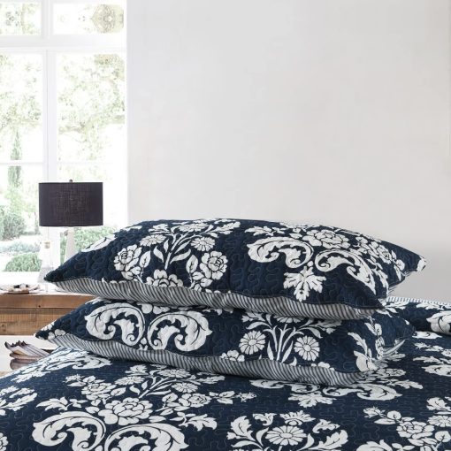 Juego de Colcha Qiqiong Queen, Azul Marino 100% Algodon Colcha Floral Acolchada Queen Tamaño Granja Paisley Reversible Juego de Ropa de Cama Ligero Funda de Edredon para Todas las Temporadas, 3 Piezas - Imagen 4