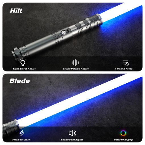 Sable de luz RGB personalizado que cambia de color, 4 fuentes de sonido/empunadura de metal, juguete de regalo de luz para adultos, sable de luz soporte para duelos intensos, sable de luz con rueda convertic ajustable de volumen - Gris - Imagen 2