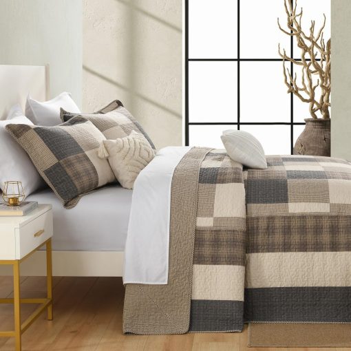 Colcha de cama extragrande FineStichery 120" x 120", 100% algodon Colcha ligera de cama de cobertor de cama de campo, juego de cobertor de cama de 3 piezas, carbon/beige/marron - Imagen 3