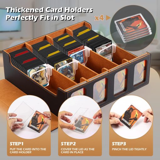 Komick Ultra-Capacity 4-Row Trading Card Storage Box with Commander Display, Holds 3000+ Cards with Dividers & Card Holders, PU Leather MTG Commander Deck Box, YuGiOh, TCG, Sport Cards (Negro / Dorado) - Imagen 4