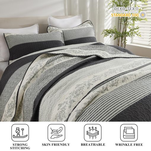 Edredon a rayas tamano Queen de SOElinens - Juego de edredon de algodon 100% con fundas a juego, Diseno de Vid de epoca Rustico para Ropa de Cama de Granja, 3 Piezas Colcha Ligera para Decoracion del Hogar en Todas las Estaciones, Gris Oscuro - Imagen 6
