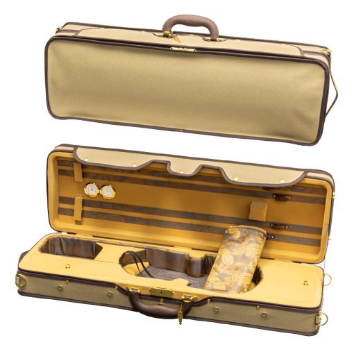 Estuche de Violin con Cubierta Dura Profesional MI&VI NF-9001 4/4 (Tamano Completo) Interior de Seda de Lujo | Espuma de Alta Densidad | Ligero | Forma Oblonga | Correas Ajustables | Higrometro | Termometro (Beige)