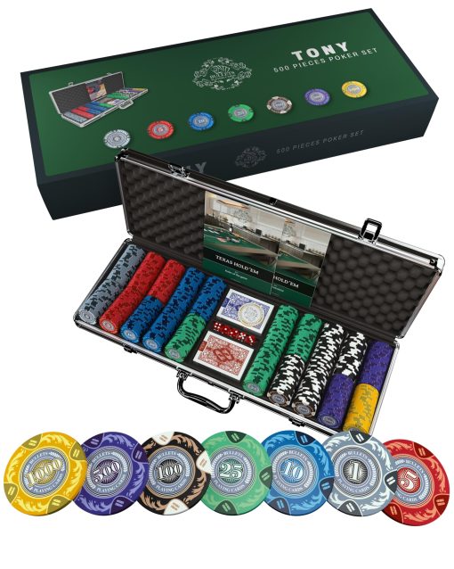 Maletin de Poker Bullets Playing Cards 'Tony' con 500 fichas de poker de arcilla - set de poker premium para juegos de efectivo y torneos