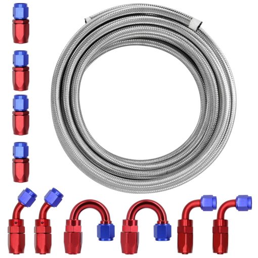 Kit de Linea de Combustible 6AN 3/8" Universal de Acero Inoxidable Trenzado en Plata de 20FT CPE Manguera de Gas Aceite Combustible con 10 Piezas de Conectores Giratorios para Manguera (Rojo y Azul)