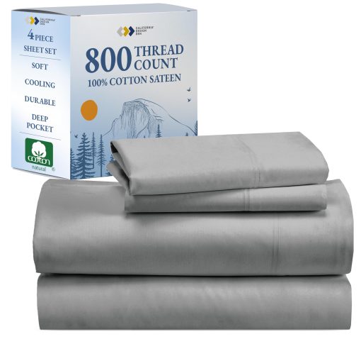Juego de sabanas tamano Queen California Design Den 100% algodon - Juego de 800 hilos suaves como la mantequilla - Supera la falsa afirmacion egipcia, sabana bajera de bolsillo profundo duradera (Gris Claro)