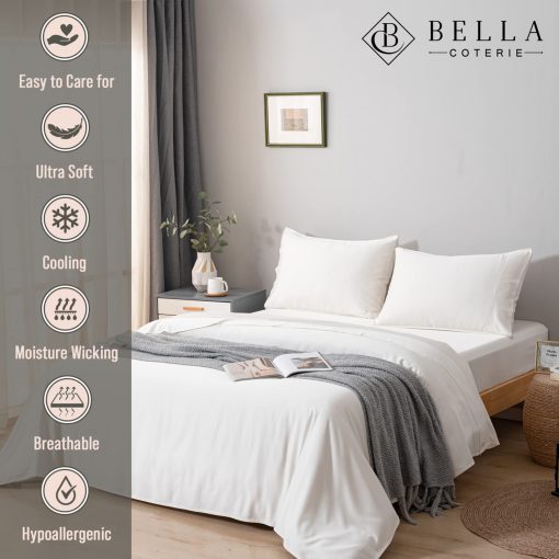 Juego de sabanas de bambu de lujo de Bella Coterie para cama Queen | Cultivado organicamente | Ultra suave | Refrescante para los que duermen calientes | Bolsillo profundo de 18" | Viscosa hecha de bambu [Marfil] - Imagen 2