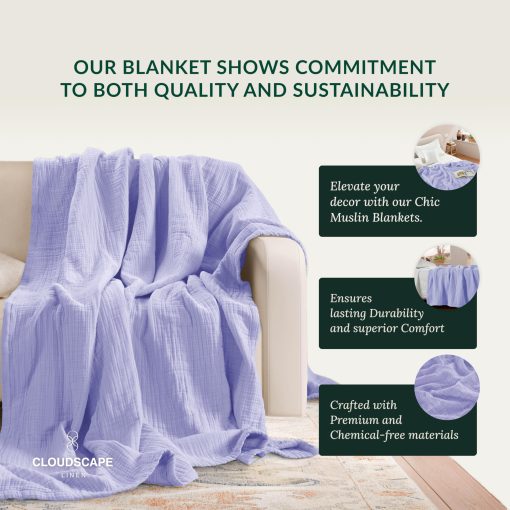 Manta de Muselina de 8 Capas Tamano Queen Lavanda | Manta de Algodon 100% Tamano Queen para Sofa, Cama, Sofa | Manta de Gasa Pre Lavada Tamano Queen para Todas las Temporadas | Mejores Regalos de Manta para Mujeres (Lavanda - 92 x 92) - Imagen 4