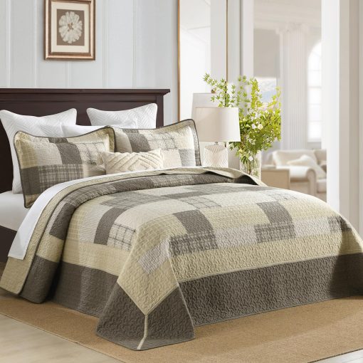 Colcha King DDUOXIN 120" W x 120 L - Edredon King Oversized 100% Algodon con 2 Fundas de Almohada, Colchas Reversibles Cubrecamas Juegos de Cama Livianos, Juego de Cama Beige/Marron, 3 Piezas - Imagen 2