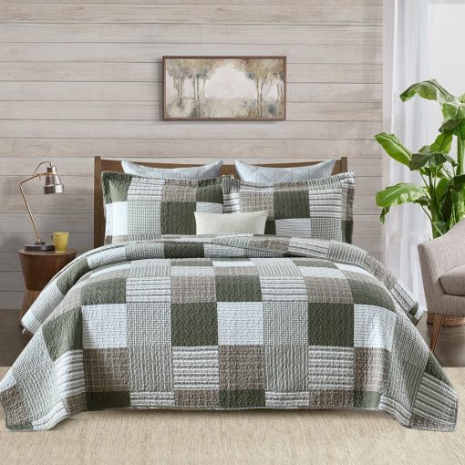 Juego de Edredon de Algodon Tamano Queen de Finlonte - Juego de Edredon Verde Moonbeam Blanco a Cuadros, Colcha de Granja Reversible de Algodon Suave, Cubrecamas Acolchado para Todas las Estaciones, 3 Piezas