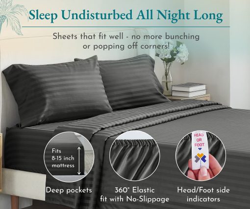 Juego de sabanas de lujo tamano Split King para cama ajustable, 100% algodon 500 hilos, ajuste perfecto, juego de 5 piezas con 2 sabanas ajustables Twin-Xl, juegos de sabanas a rayas Damask y fundas de almohada (Split King, Rayas - Gris) - Imagen 4