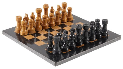 Juego de ajedrez de marmol Radicaln de 12 pulgadas en negro y dorado - Juegos de adultos de ajedrez hecho a mano - Juego portatil de ajedrez de torneo - 1 tablero de ajedrez y 32 piezas de ajedrez - Juegos de mesa de viaje