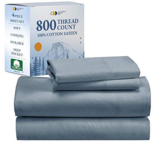 Juego de sabanas de lujo California Design Den 100% algodon saten - Suaves y sedosas 800 hilos Queen - Supera la falsa reclamacion egipcia, sabana ajustable de bolsillo profundo duradera (Azul)