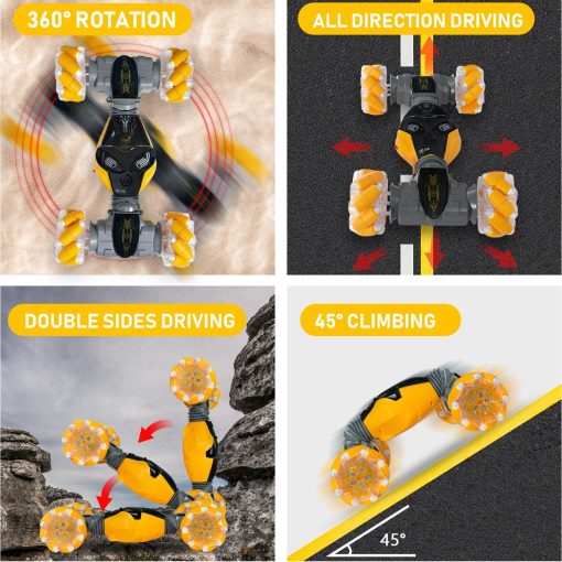 AGNEVE Coches RC Control Remoto por Gestos con Luz Musica 1:12 Coche Rc Controlado a Mano 2.4GHz 4WD Coche de Acrobacias Rc por Gestos Doble Cara Rotacion de 360? Vehiculo Todo Terreno para Ninos Ninas (Amarillo, Profesional) - Imagen 6