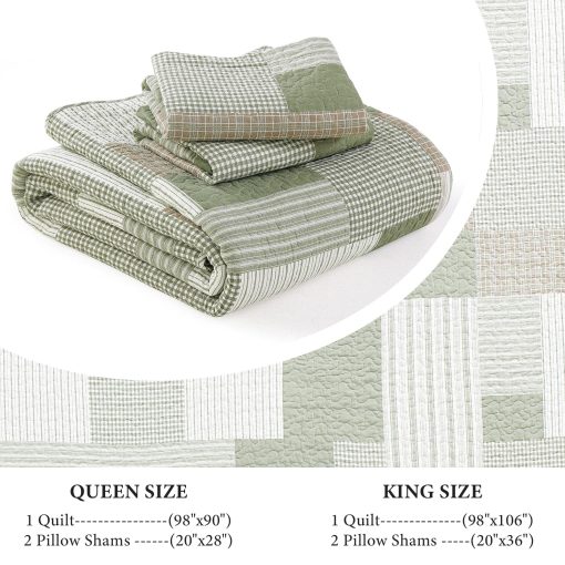 Juego de Colcha a Cuadros Uniclinens para Cama Queen, Colcha Verde Patchwork, Juego de Ropa de Cama 100% Algodon, Edredon Ligero de Estilo Rustico, Juego de 3 Piezas con 2 Fundas de Almohada, Verde/Marron/Beige - Imagen 6