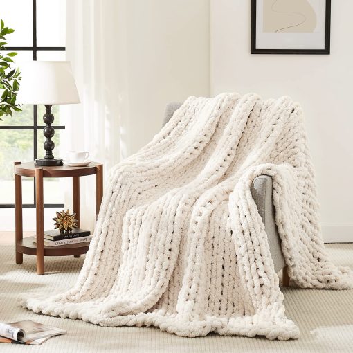 Manta de Punto Grueso L'AGRATY: 80''x90'' Manta de Punto Grueso de Chenilla para Cama Sofa - Manta de Punto Grueso Hecha a Mano - Gran Manta de Croche de Cable Grueso - Manta de Punto Grueso Grande para Decoracion del Hogar (Marfil)