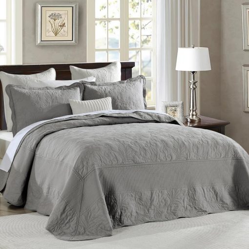 Colcha de Cama King Extra Grande 120"x120" - 100% Algodon Colcha Acolchada King/Cal King con Bordado de Vides, Juego de Colcha Gris Solido, Suave y Ligera Colcha Extra Grande con 2 Fundas de Almohada
