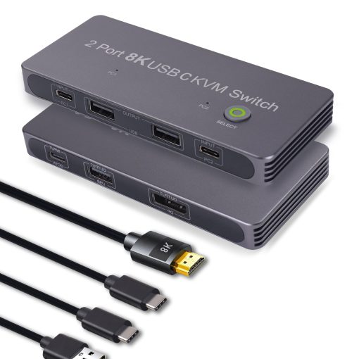 Switch KVM USB Tipo-C 8K 2 en 1, 2 USB-C a 1 DP Switch KVM para 2 Laptops Comparten 1 Monitor DisplayPort, Teclado y Raton, Soporta Resolucion de 8k@30hz, 4k@60hz, 4k@144hz, Plateado