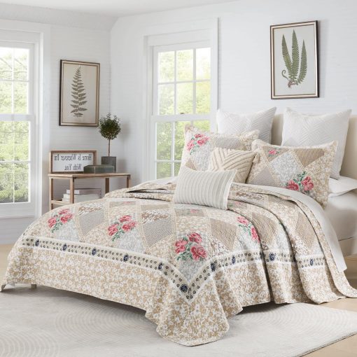 Colcha de cama extragrande KALOOLA 120x102, 100% algodon Cubrecamas floral Tamano queen, Ligera Colcha reversible Comforter Set con fundas de almohada, 3 piezas, marron - Imagen 2