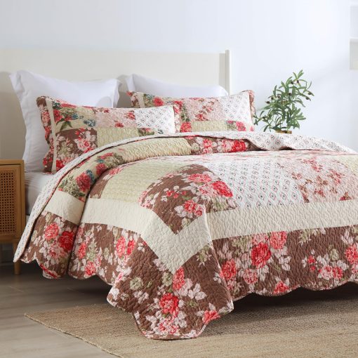 Juego de Edredon de Algodon Travan Real Patchwork de Lujo, Juego de Ropa de Cama de Rosas, Tamano King - Imagen 2