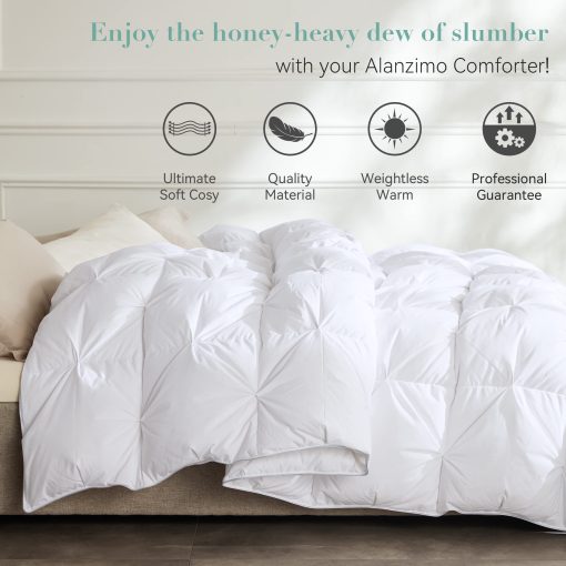 Edredon Alanzimo de plumon blanco de ganso 50% lujoso para todas las estaciones - Tamano Queen - Calidez media - Ultra suave - 750 Fill Power - Blanco con diseno de pliegue de pellizco - 90x90 - Imagen 4