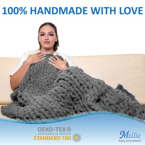 Manta de Lana Gruesa Mellie, Manta de Punto de Cable de Lana Ultra Suave, Manta de Gran Tamano para Sofa Lavable a Maquina - 127x152 cm (Gris Oscuro) - Imagen 5