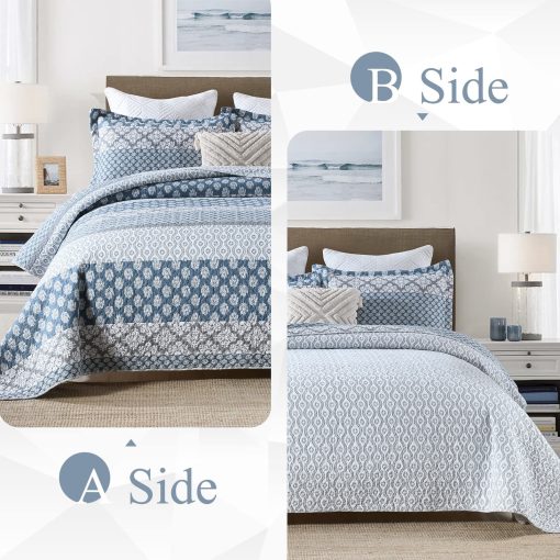 Edredon Floral Tamano King - 100% Algodon Reversible Edredon King con 2 Fundas de Almohada, Suave Edredon King Ligero Juego de Ropa de Cama Tamano King, Azul/Gris Country, King - Imagen 6