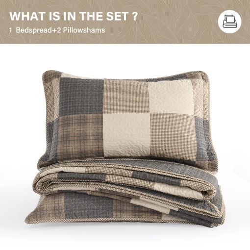 SahSahCasa 120"x102" Juego de Colcha de Cama Queen 100% Algodon Oversized, Colcha Queen Extra Grande, Colcha Ligera para Cama, 3 piezas, Carbon/Beige/Marron - Imagen 6