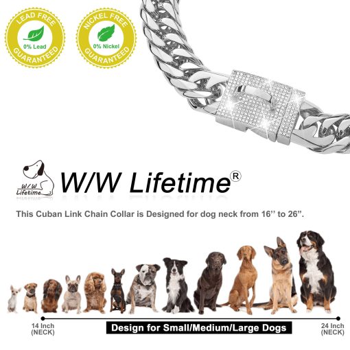 Collar de cadena para perros duradero W/W Lifetime con hebilla segura, enlace cubano plateado de 16 mm, resistente y a prueba de mordeduras para perros (14"(Adecuado para cuello de perro de 12" a 11.5")) - Imagen 7