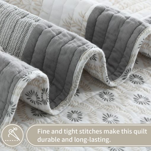 Juego de Colcha KALOOLA Tamano King, Colcha de Verano Acolchada 100% Algodon, Gris Luna Floral Patchwork Juego de Cama King, Colcha Reversible Estilo Granja para Todas las Estaciones, 3 Piezas - Imagen 4