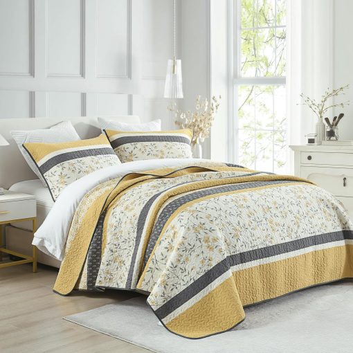 Edredon a rayas tamaño Queen DDUOXIN - 100% algodon suave reversible con 2 fundas de almohada, edredon de cama estampado floral ligero, juego de edredones, amarillo (dorado)/gris/blanco, Queen - Imagen 3