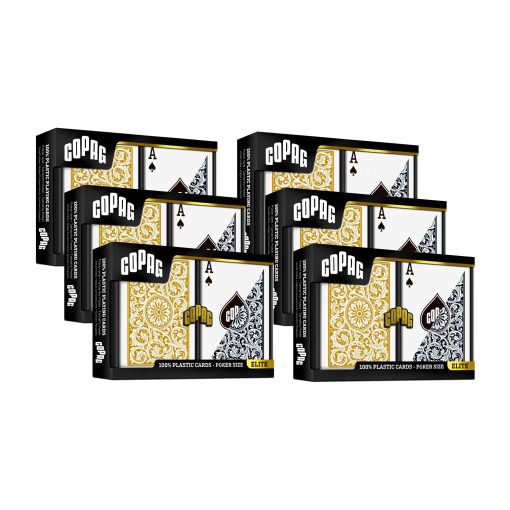 Baraja de naipes de plastico Copap 1546, tamano de poker (estandar) Negro/Oro (indice Regular, 6 juegos)