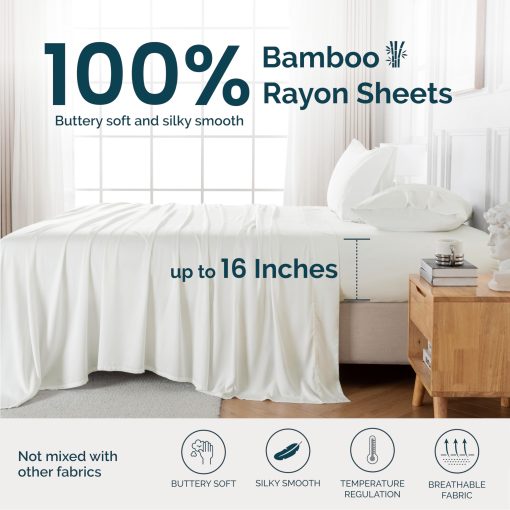 Juego de sabanas tamano King GOKOTTA de 4 piezas, 100% Rayon derivado del bambu, Ideal para dormilones calientes - Sabanas suaves y transpirables de lujo, Sabana bajera profunda de 16" con correas elasticas en las esquinas, Blanco Crema - Imagen 2