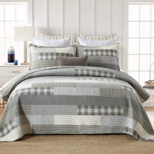 Colcha de Tamaño King Finlonte, Juego de Colcha de Cama King de Algodon, Gris(Azul) Colcha de Cama King Patchwork a Cuadros, Colchas Reversibles Suaves de Tamaño King, 3 Piezas