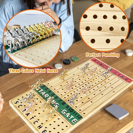 Juego de Mesa de Carreras de Caballos 3 en 1 y Juegos de Casino Texas Holdem Blackjack con 14 Caballos de Metal, 100 Fichas, 2 Barajas de Cartas, Botones de Dealer y Ciega, y 5 Dados para Fiestas y Apuestas - Imagen 5