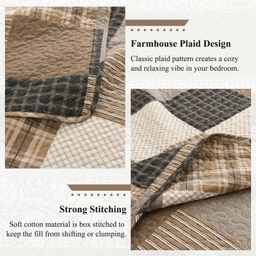 Edredon a cuadros tamano King de SOElinens - Edredon de cabana de patchwork rustico en tonos gris, marron y beige 100% algodon, Set de edredones ligeros para cama Queen, Juego de ropa de cama para todas las estaciones - Imagen 5