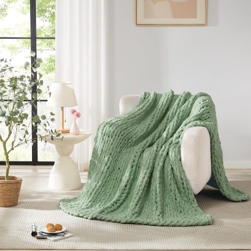 Manta de Punto Grueso L'AGRATY: 72''x84'' Manta de Punto Grueso de Chenilla para Cama Sofa - Manta de Punto Grueso Hecha a Mano - Manta de Crochet Gruesa Grande para Decoracion del Hogar (Verde Salvia)