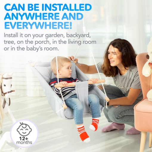 CaTeam - Columpio para Ninos de Lona, Asiento Columpio de Madera con Cinturon de Seguridad, Resistente Silla Columpio para Ninos, Columpio para Interiores y Exteriores para Ninos, Incluye Hardware de Montaje, Gris Azul - Imagen 7