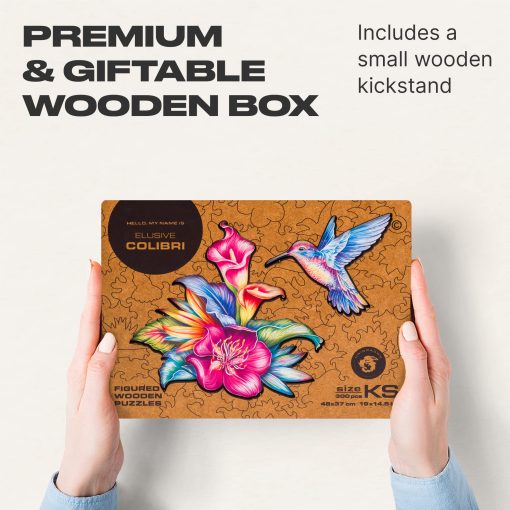 Rompecabezas de Madera Original UNIDRAGON - Elusivo Colibri, 300 piezas, Tamaño King 19"x14.5", Hermoso Paquete de Regalo, Forma unica Mejor Regalo para Adultos y Niños - Imagen 4