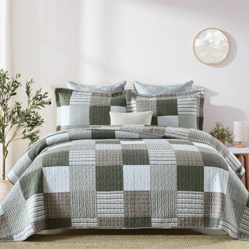 Juego de Edredon Queen KALOOLA de Algodon, Set de Cama de Plaid Verde Beige 3 Piezas, Cubrecamas Ligero de Granja para Todas las Estaciones, 1 Edredon 2 Fundas de Almohada