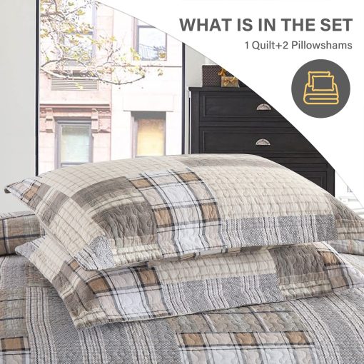 SahSahCasa Colcha Queen Size, Juego de Colcha Queen, Set de Ropa de Cama de Colcha Queen 100% Algodon, Edredones Ligeros de Cuadros Reversibles Estilo Granja para Cama Queen, Beige/Gris/Marron - Imagen 6