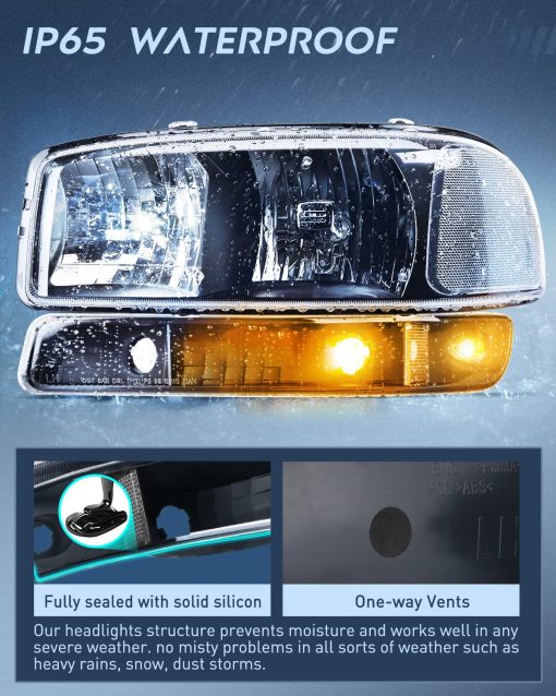 Ensamblaje de faros Nilight compatible con 1999 2000 2001 2002 2003 2004 2005 2006 GMC Sierra Yukon, Carcasa Negra Borde Claro Lente Claro, Reemplazo de conjunto de faros - Imagen 5